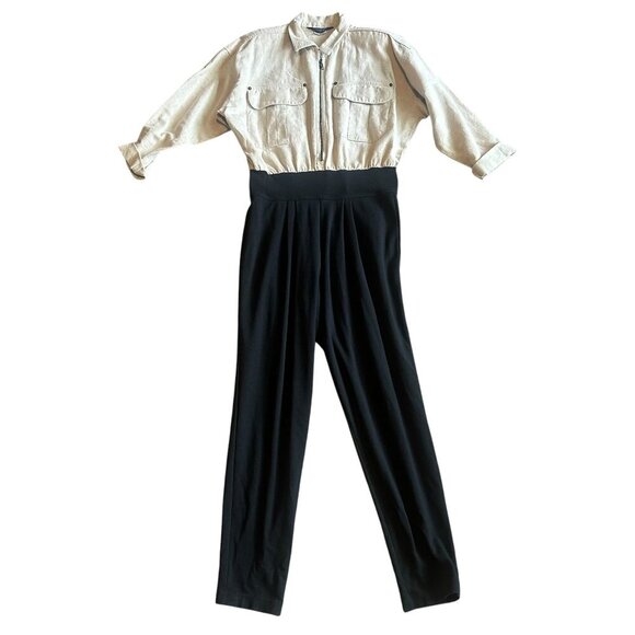 Seattle Gear Linen Cotton Jumpsuit Vintage 80s Retro Zip Down Size Large Women's - Picture 1 of 15